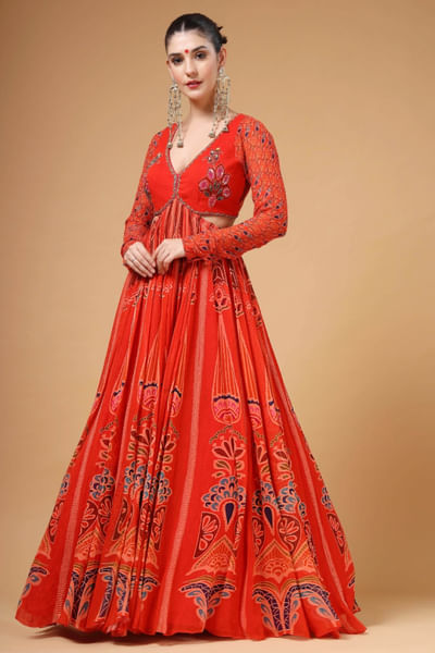 Red printed and embroidered anarkali set