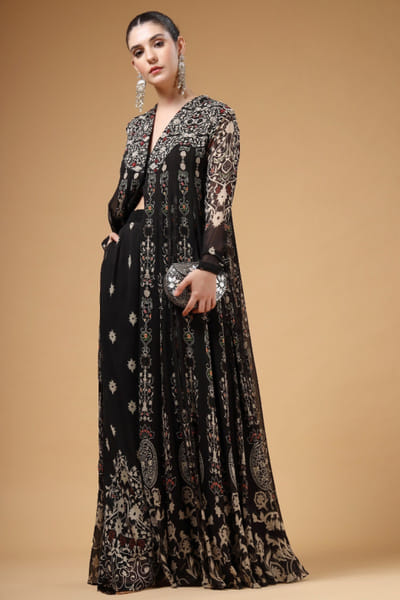 Gazab by Miku Kumar Black printed and embroidered anarkali set GAZNOV25D138686