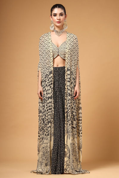 Black white print embroidered cape-skirt set