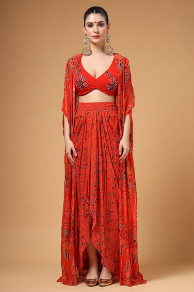 Red printed and embroidered cape-skirt set