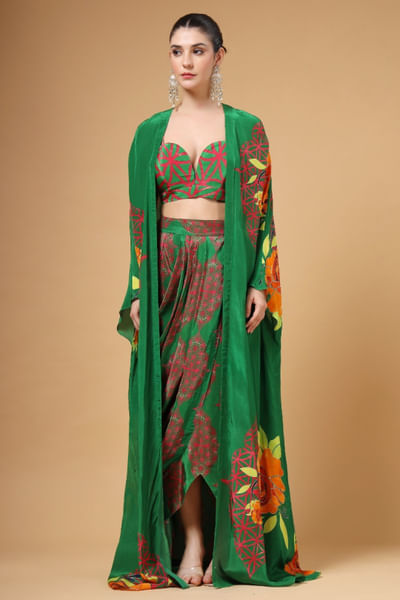 Green floral-geometric printed cape skirt set