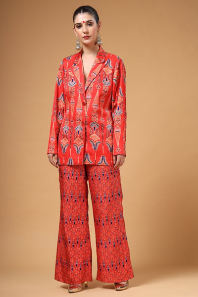 Red printed silk crepe jacket set