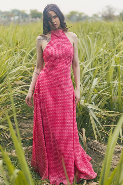 Pink printed halter neck dress
