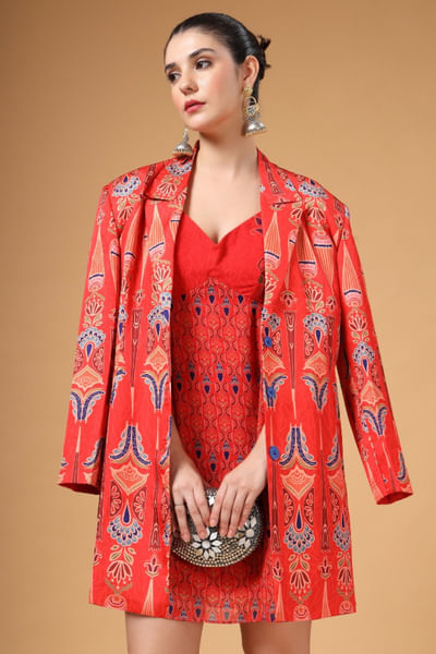 Red printed jacket and dress set