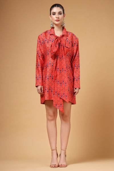 Red printed bow jacket dress