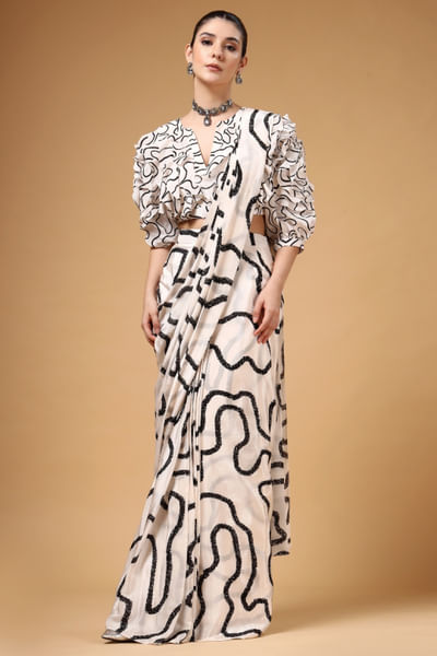 Ivory and black printed pre-draped sari set