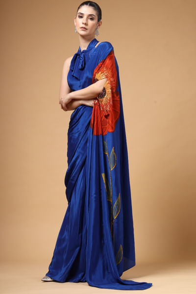 Royal blue print embroidered drape sari set
