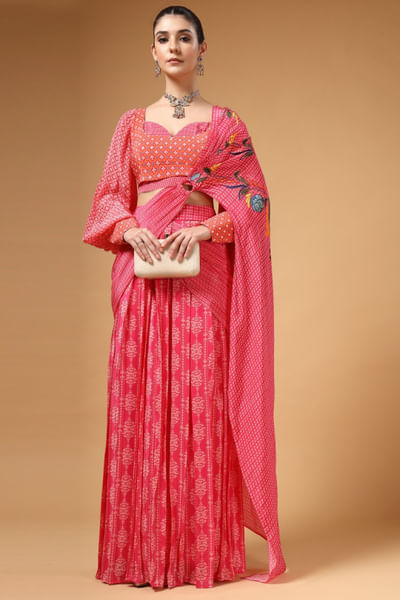 Pink printed pre-draped sari set