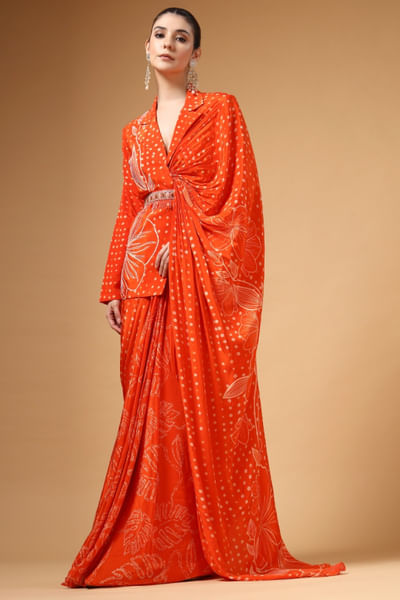 Orange embroidered pre-draped jacket sari set