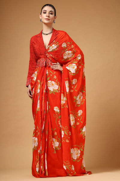 Red printed pre-draped jacket sari set