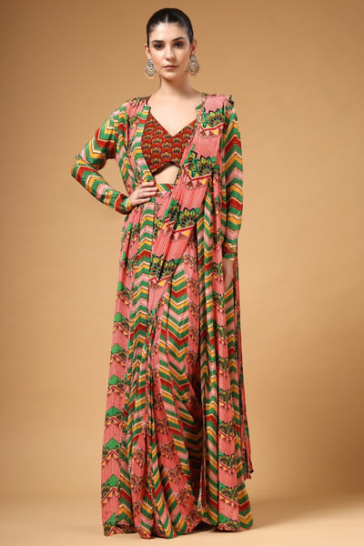 Multicoloured printed jacket pre-draped sari set
