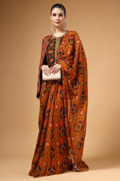 Brown printed pre-draped sari set