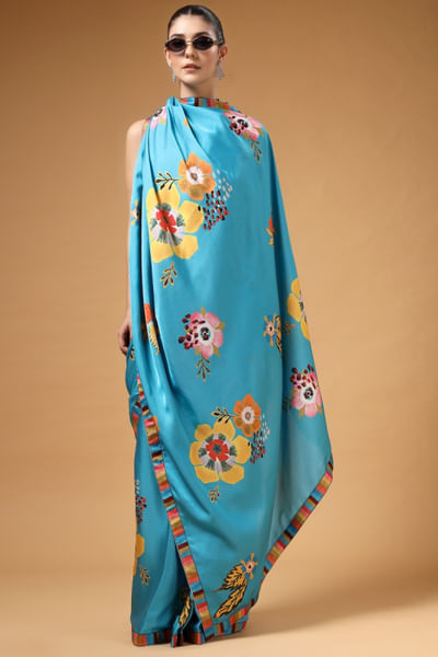 Ferozi floral printed pre-draped sari set