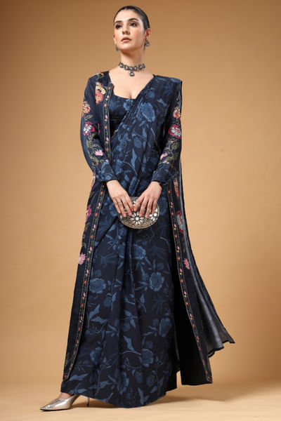Navy blue printed jacket drape sari set