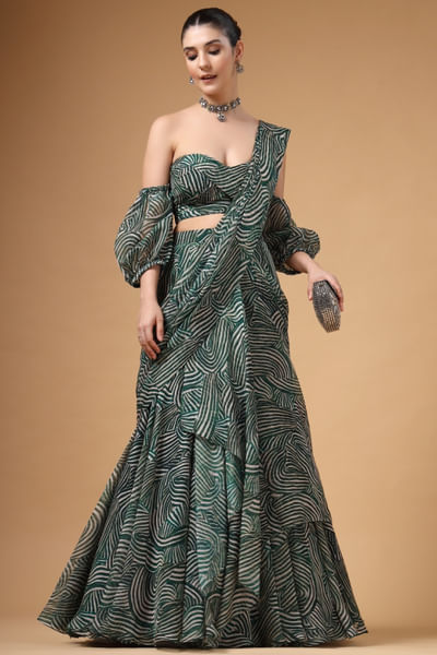 Green printed lehenga drape sari set