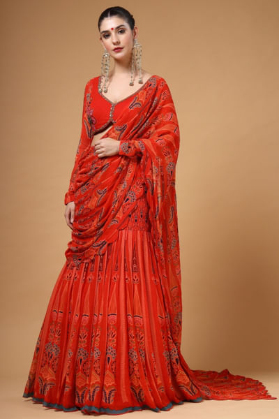 Red embroidered fishtail drape sari set