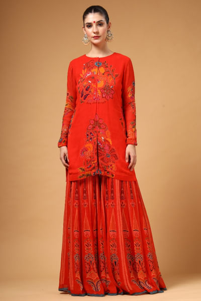 Red printed and embroidered sharara set