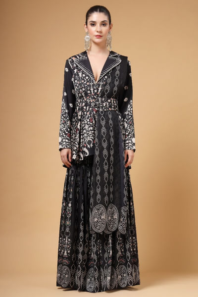 Black printed belted jacket-sharara set