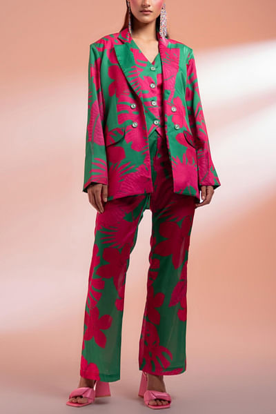 Pink and green floral printed blazer set