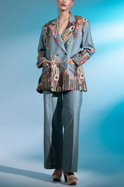 Grey cactus and floral printed blazer set