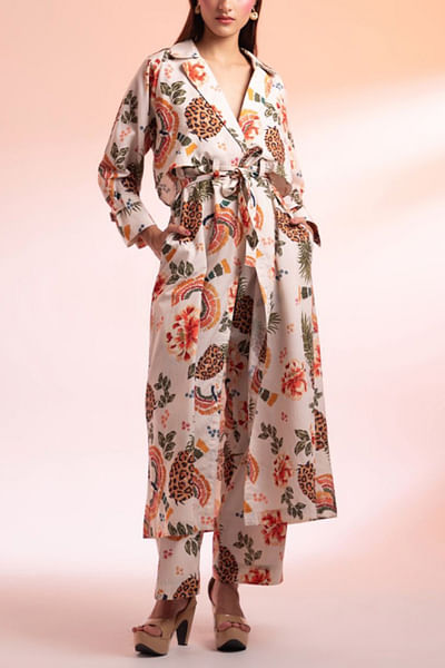 Ivory printed trench coat and pant