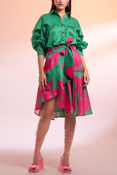 Green and pink leaf printed skirts set