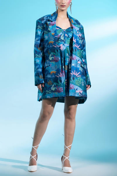 Teal blue forest printed blazer and dress