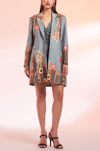Gazab by Miku Kumar Grey cactus and floral print blazer and dress GMKOCT2405