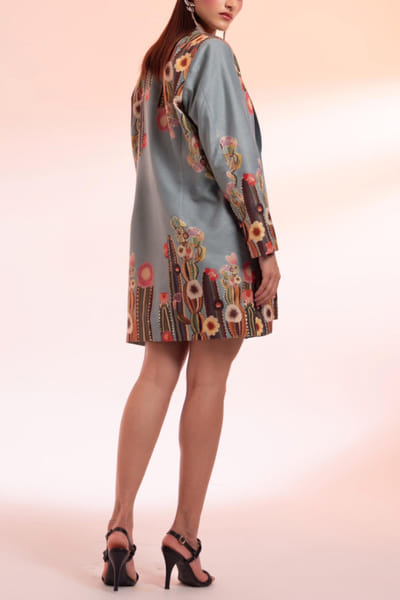 Gazab by Miku Kumar Grey cactus and floral print blazer and dress GMKOCT2405