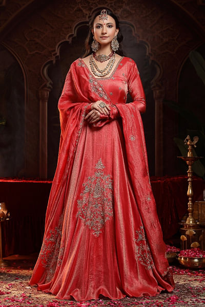 Red zardozi embroidered anarkali set