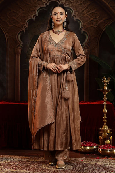 Copper zardozi embroidered anarkali set