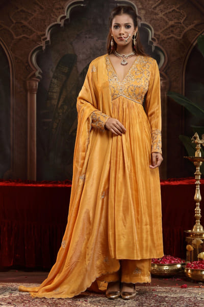 Miku Kumar Mustard zardozi embroidered anarkali set MIKJUN25D129146
