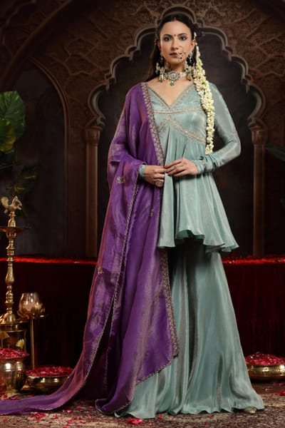 Miku Kumar Teal green embroidered kurta sharara set MIKJUN25D129144