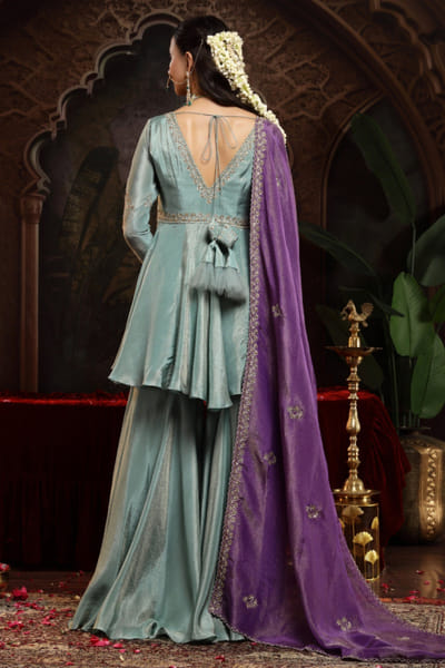 Miku Kumar Teal green embroidered kurta sharara set MIKJUN25D129144