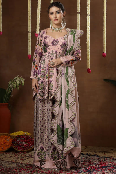 Lilac print embroidered peplum sharara set