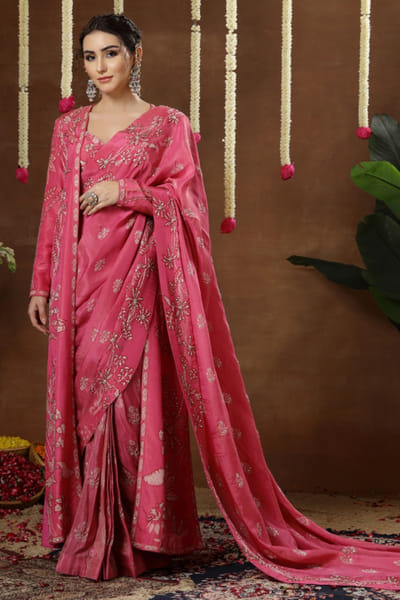 Pink embroidered pre draped jacket sari set