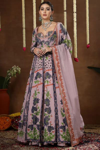 Lilac print embroidered anarkali lehenga set