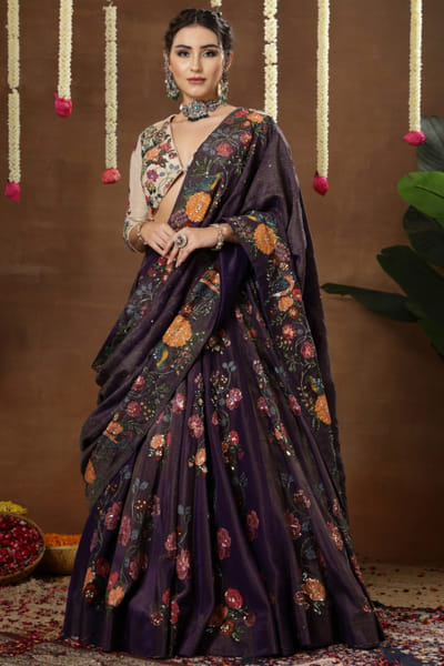 Ivory and purple print embroidered lehenga set