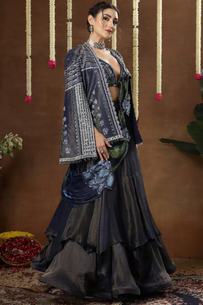 Blue print embroidered cape drape lehenga sari set