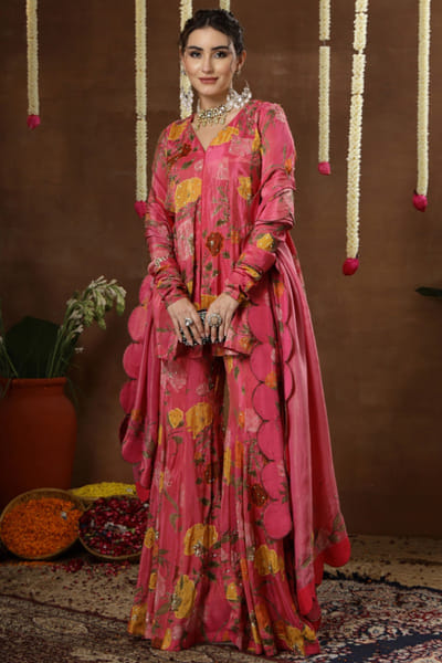Pink print embroidered peplum sharara set