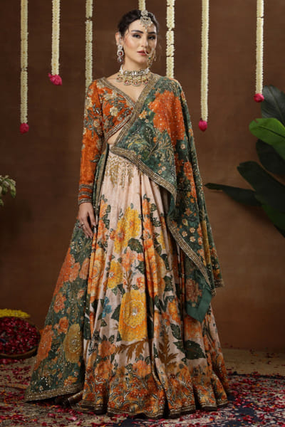 Ivory and green print embroidered lehenga set
