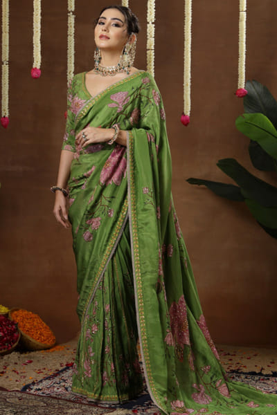 Green print embroidered pre drape sari set