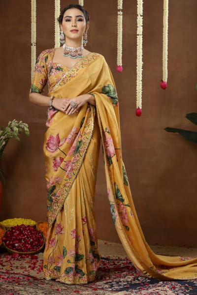 Yellow print embroidered pre draped sari set