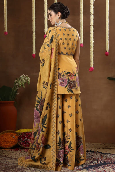 Miku Kumar Yellow print embroidered peplum sharara set MIKJAN26D136436