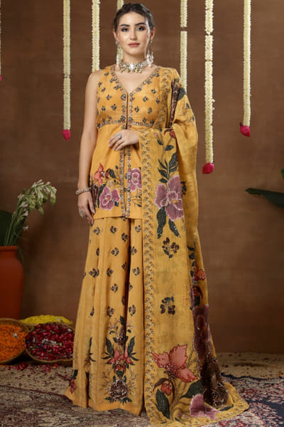 Miku Kumar Yellow print embroidered peplum sharara set MIKJAN26D136436