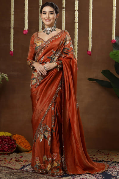 Orange print embroidered pre draped sari set