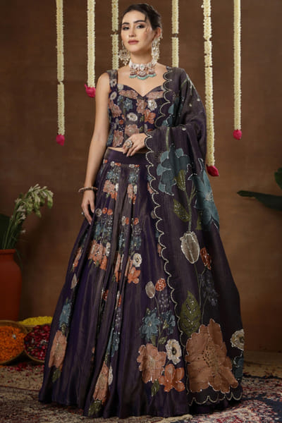 Purple print embroidered corset lehenga set