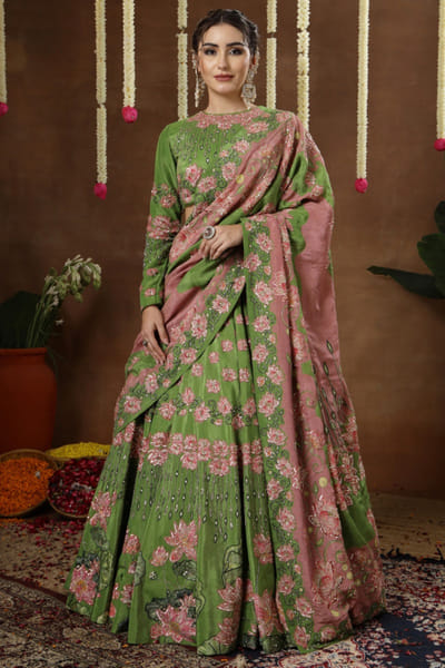 Green print embroidered lehenga set