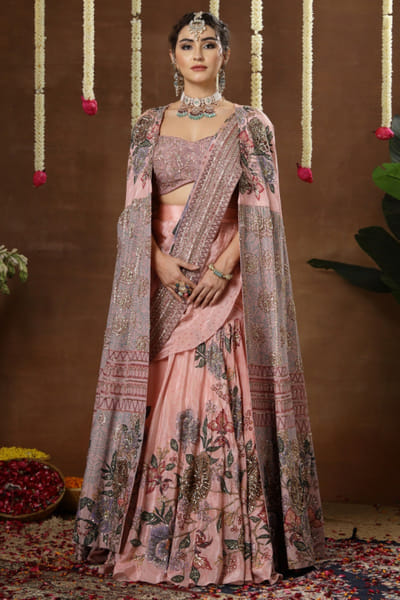 Peach print embroidered cape drape sari lehenga set