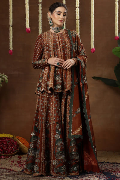 Maroon print embroidered peplum sharara set